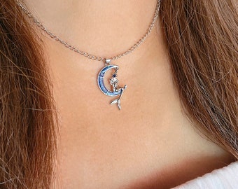 Collier Sirène Argent Sterling 925 - Pendentif Croissant De Lune Et Coquille - Cadeau Fille Femme