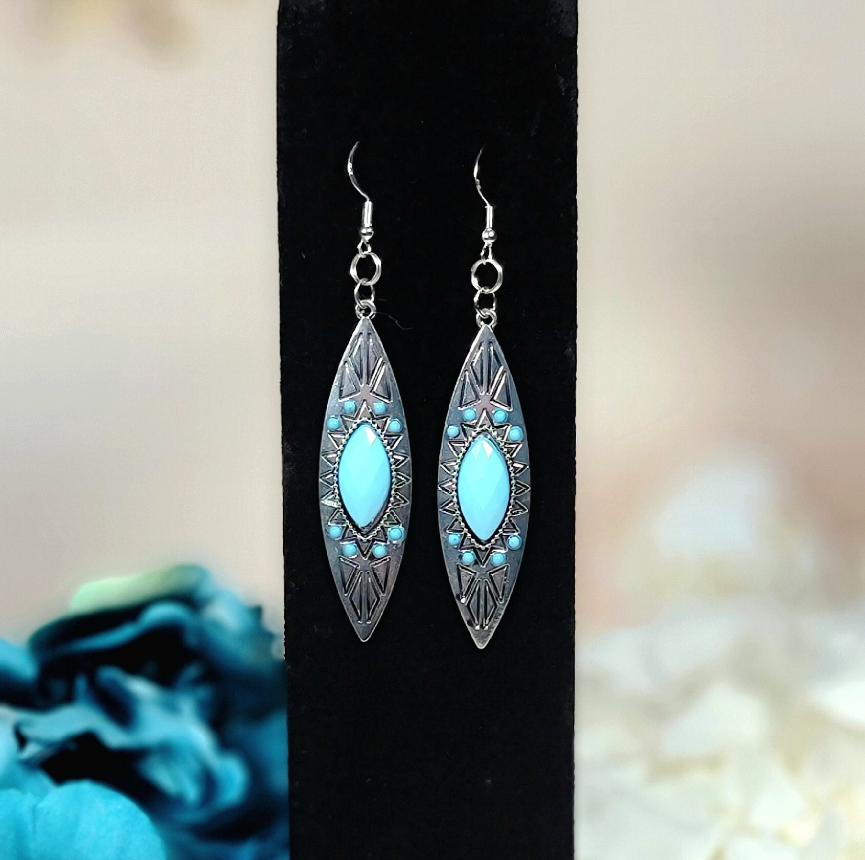 Orecchini Pendenti Fatti A Mano In Stile Etnico Boho - Turchese Compresso, Placcato Argento 2 Micron, Filo In Argento 925 - Regalo Donna