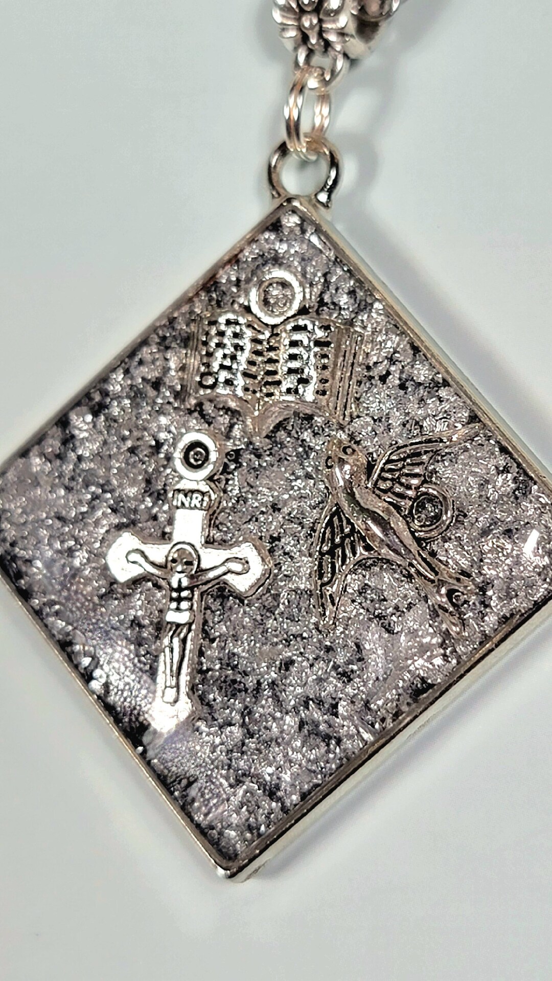 thumbnail image 2 of Sterling Silver Bible Charm With Cross & Dove – 2-Sided Pendant, .925, Made USA 2 of 6