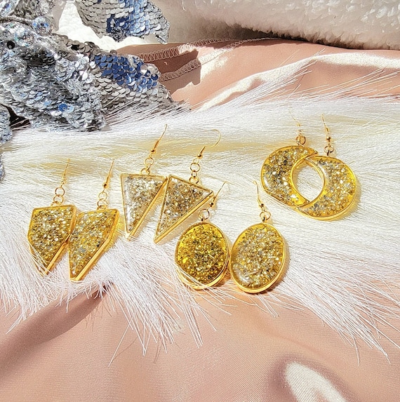 Paparazzi Gold Dust Earring, Statement Wedding Jewelry, Geometric Drop, Movie Star Accessory, Sparkle Gold Pendant, Statement Jewellery