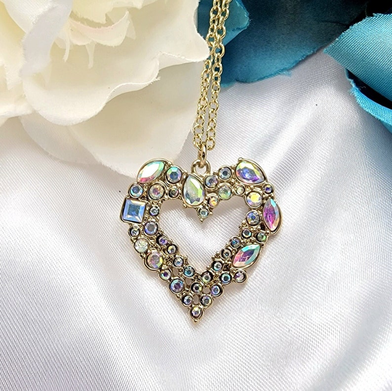 Golden Open Heart Necklace, Small Gold Heart Jewelry, Rhinestone Pendant, Dainty Gold Pendant, Romantic Gift for Women, Elegant Love Charm image 1