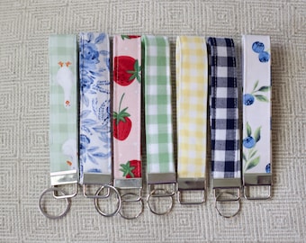 Fabric Wristlet Keychains – Blueberry, Goose, Strawberry Prints – Handmade Key Fob