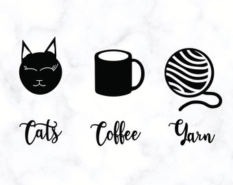 Cats Coffee Yarn SVG PNG DXF - Adorable Cut File - Cat Silhouette - Funny T-Shirt Design - Coffee Mug - Yarn Ball - Crafty Clip Art - Cute
