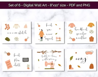 PRINTABLE Wall Art Fall Bundle - Modern Illustrated Wall Art - Sewing Themed Art - Knitting Art Printable - Fall Printable - PDF PNG