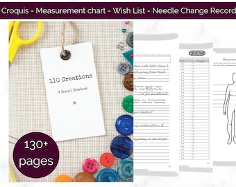 May include: A digital planner with the text "110 Creations" and "A Sewist's Notebook." The planner includes sections for croquis, measurement charts, wish lists, and needle change records. The image also shows colorful buttons and the text "130+ pages."