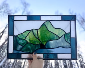 Stained Glass Landscape Suncatcher Art | Window Decor | Stained Glass Panel | Mountain Stained Glass Window