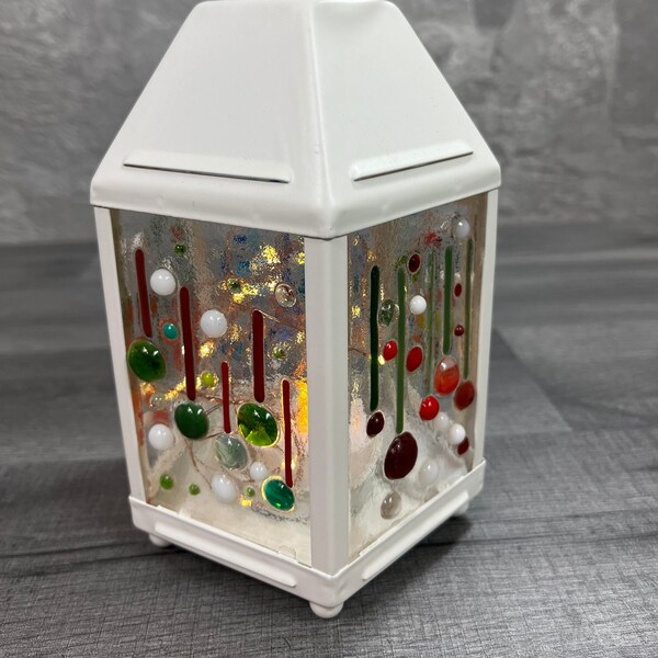 Colourful Celebration Lantern. White lantern with 5 hand made, fused glass art panels. Suitable for tea lights or battery lights.