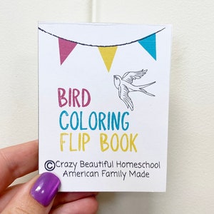 May include: A white booklet with a colorful bird design and the text "BIRD COLORING FLIP BOOK" and "Crazy Beautiful Homeschool American Family Made".