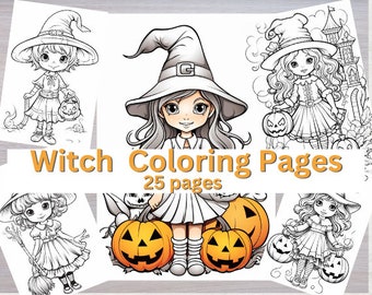Witch Coloring pages  - Girl Halloween coloring pages - Kids Halloween Activity - Kid halloween craft activities - printable