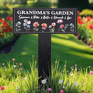 Mama’s Grandma’s Garden Sign, Personalized Slate Garden Stake, Custom Garden Decoration, Kids and Grandkids Name Sign with Cute Flowers