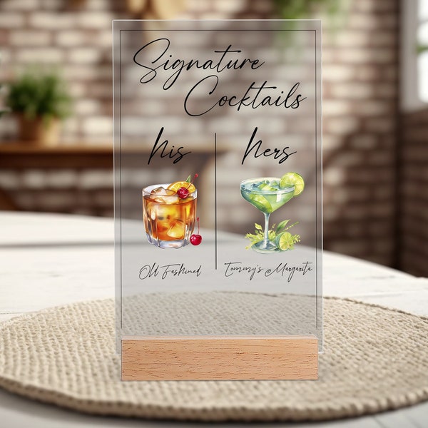 Personalized Cocktail Decoration, Custom Signature Drink Sign, Acrylic Wedding Bar Sign, Drink Stand Sign, Party Decoration, His and Hers