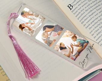 May include: A clear acrylic bookmark with a pink tassel. The bookmark features four photos of a mother and her children. The text "Love you Mum" is printed on the bookmark.
