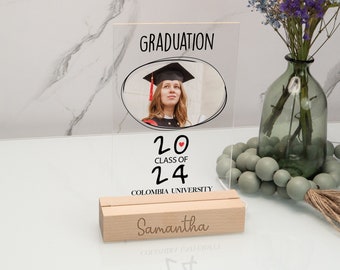 Acrylic Graduation Photo Plaque, Graduant's Name Display Gift, Grad Photo Gift, University Name Plaque, Class of 2024 Memorial Gift Stand