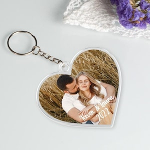 Couple Photo Keychain, Acrylic Picture Keychain, Valentines Day Gift, Personalized Heart Keychain, Couple Name and Anniversary Year Keychain