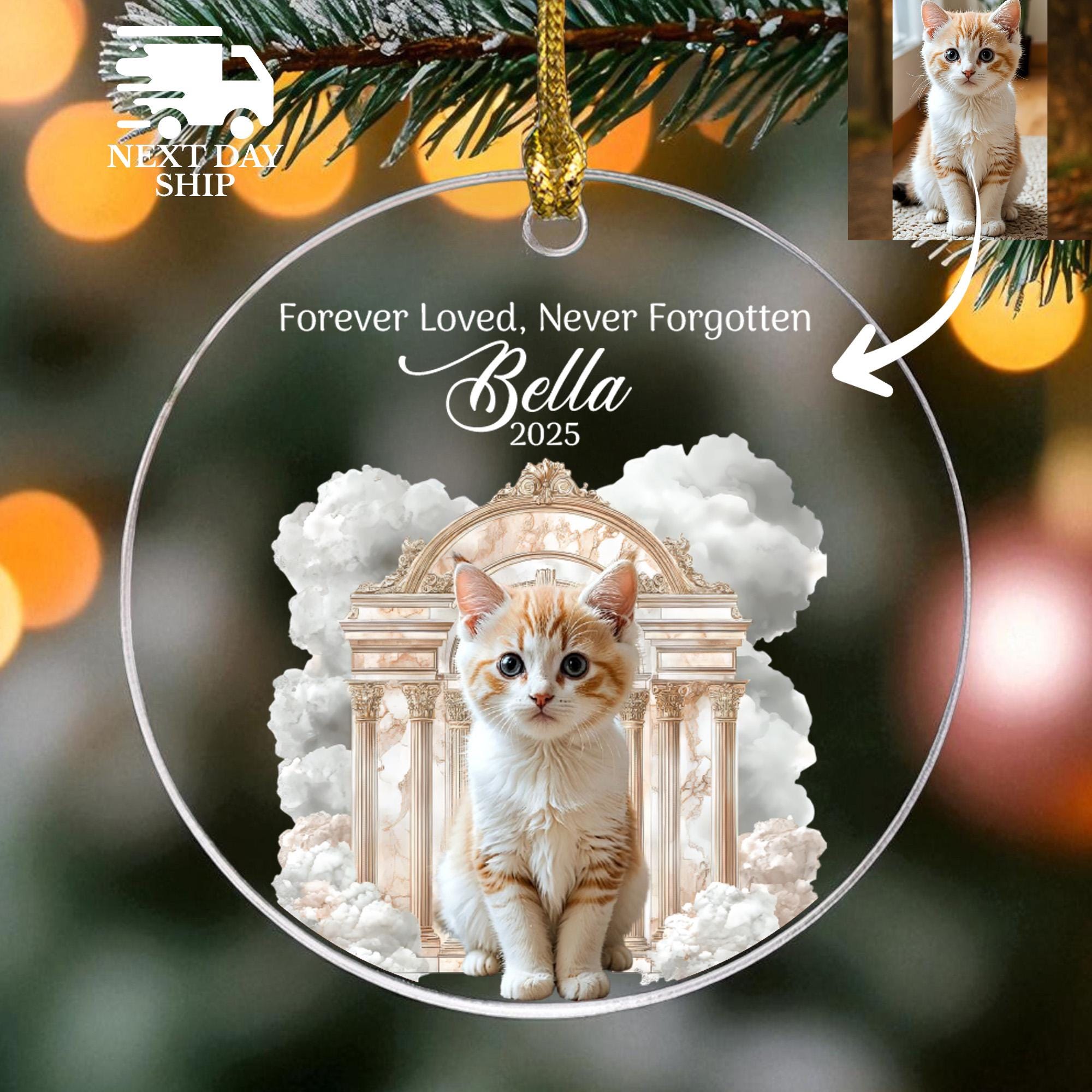 Forever Loved Never Forgotten Cat Memorial Ornament, Personalized Cat Tribute Ornament, Custom Cat Photo Keepsake, Pet Loss Remembrance Gift