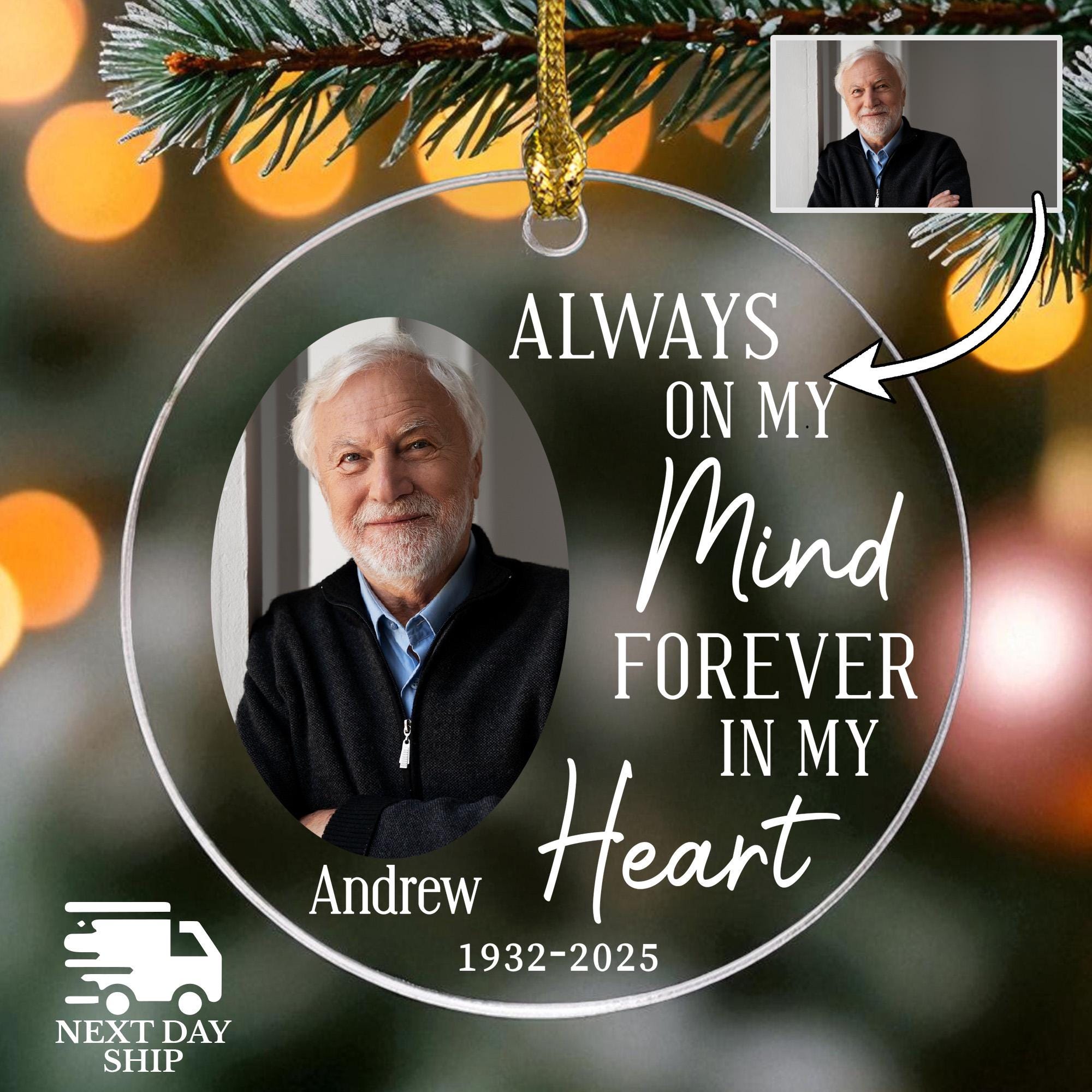 Acrylic Bereavement Ornament,  Memorial Photo Ornaments, Personalized Picture Ornament, Loss Ornament, Loss of Mom Dad Grandma Grandpa Gift
