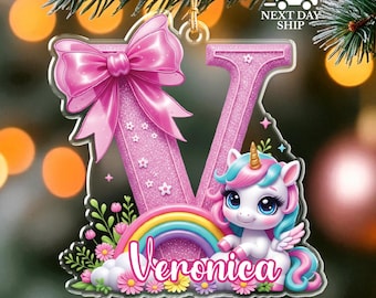 Rainbow Unicorn Christmas Ornament, Custom Initial Letter With Name Keepsake, Gift for Girl Daughter Granddaughter Niece, Her Xmas Keepsake