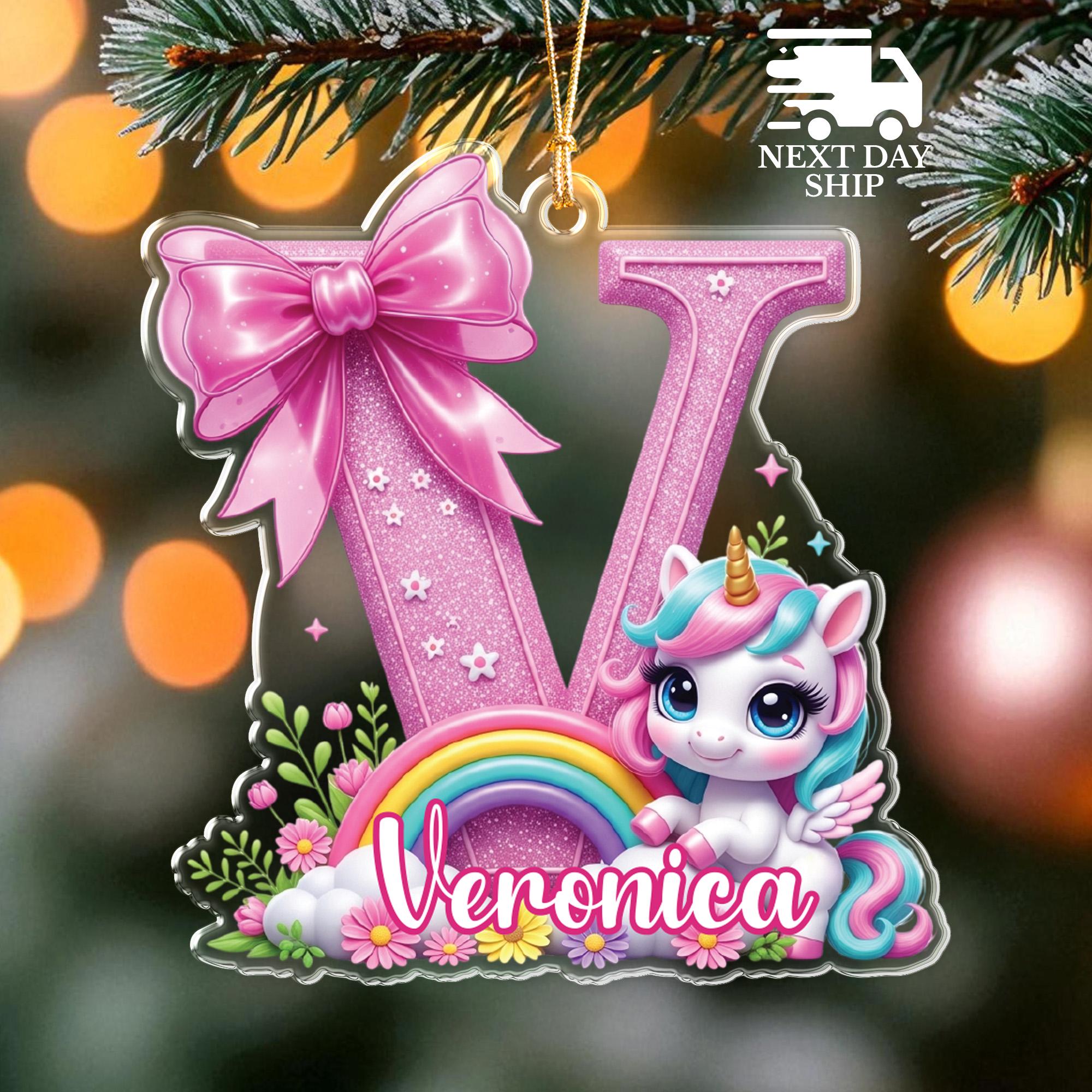 Rainbow Unicorn Christmas Ornament, Custom Initial Letter With Name Keepsake, Gift for Girl Daughter Granddaughter Niece, Her Xmas Keepsake