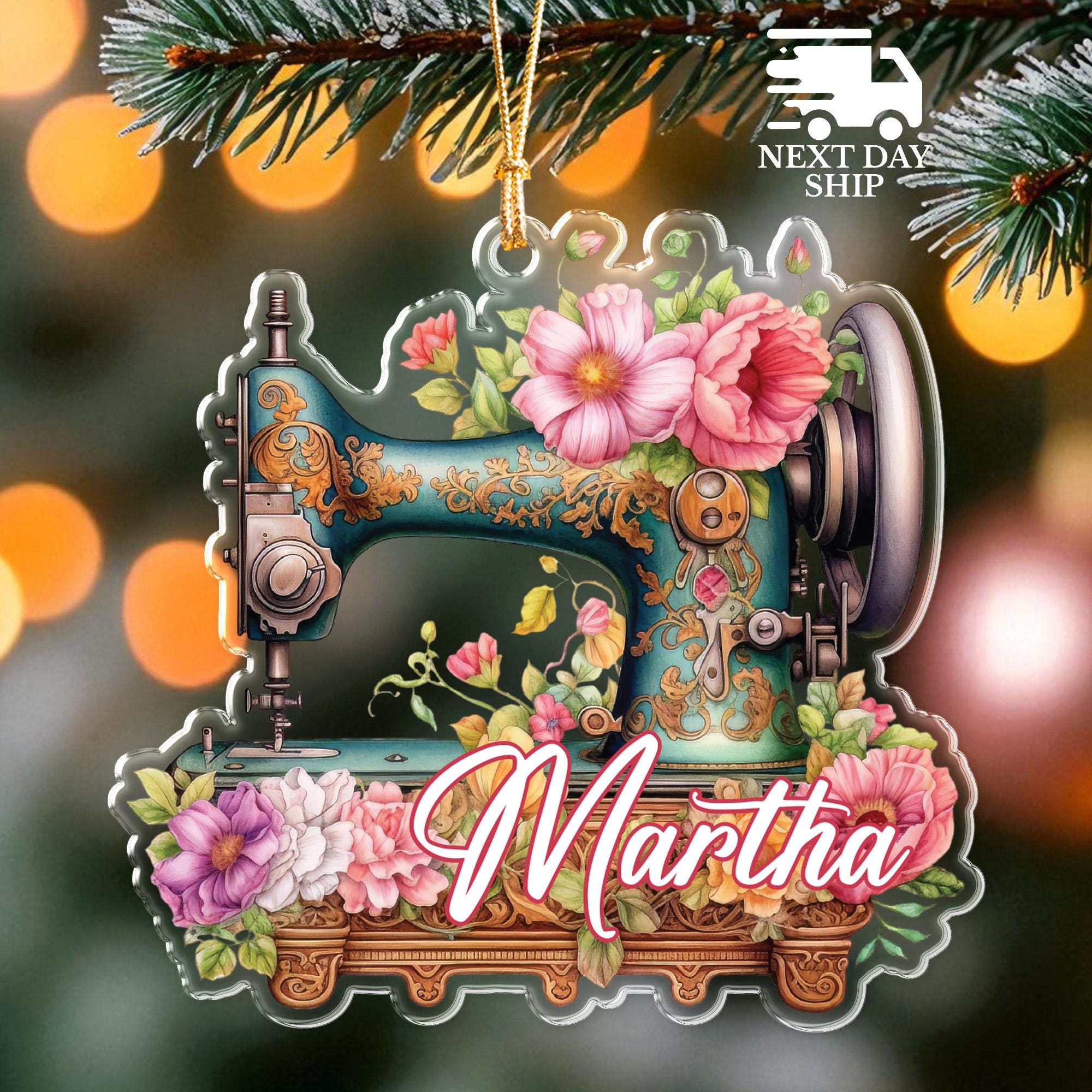 Floral Sewing Machine Christmas Ornament with Name, Personalized Name Sewing Machine Decoration, Gift For Mom, Gift For Grandma, Unique Gift