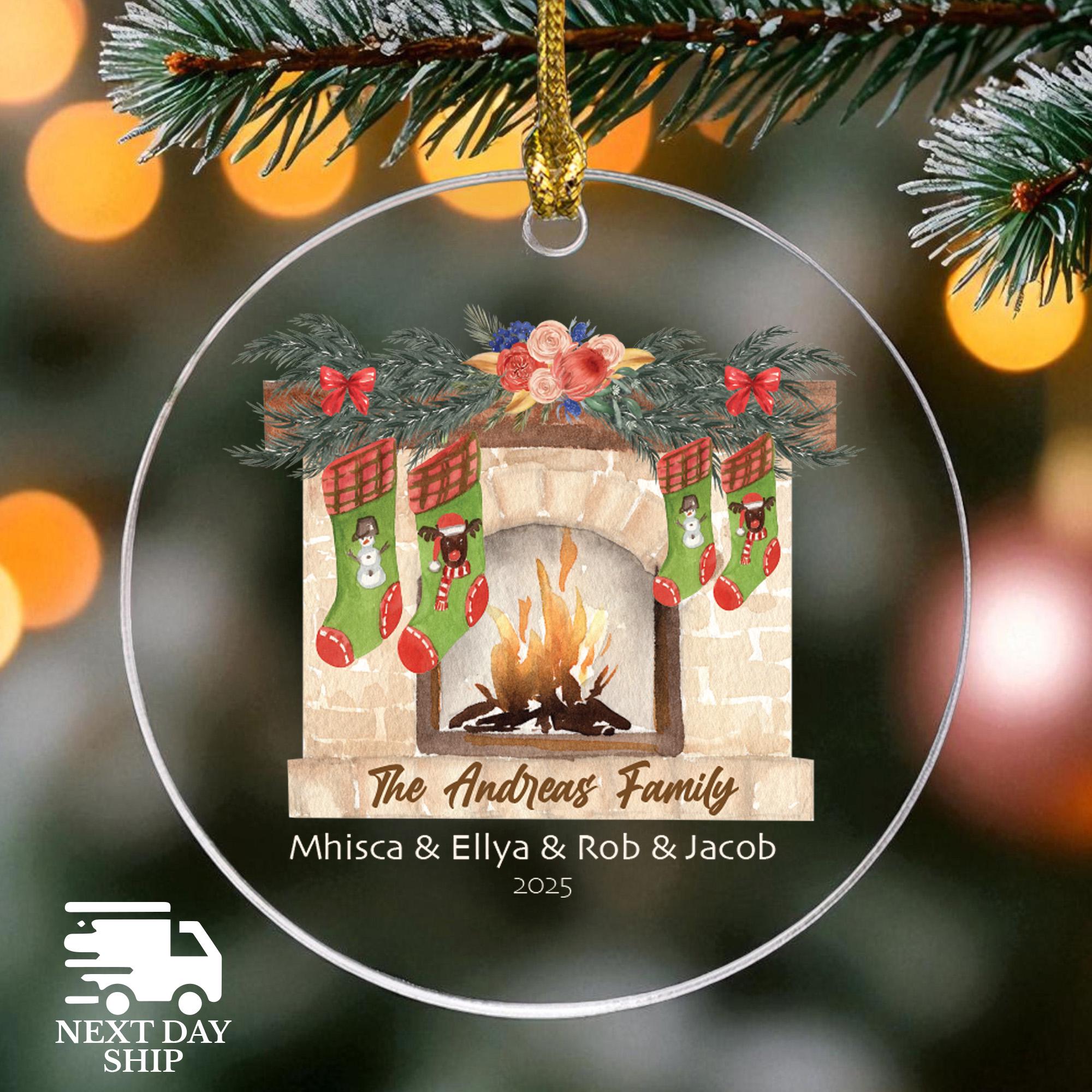 Personalized Christmas Fireplace Stocking Ornament, Custom Christmas Stocking Stuffer, Family Christmas Keepsake, Family and Members Name