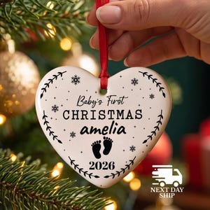 Baby's First Christmas Gift, Baby Name Ornament, Cute Baby Feet Ornament, Custom Newborn Name Keepsake, 2026 Baby Nursery Decor Ornament Ceramic Heart