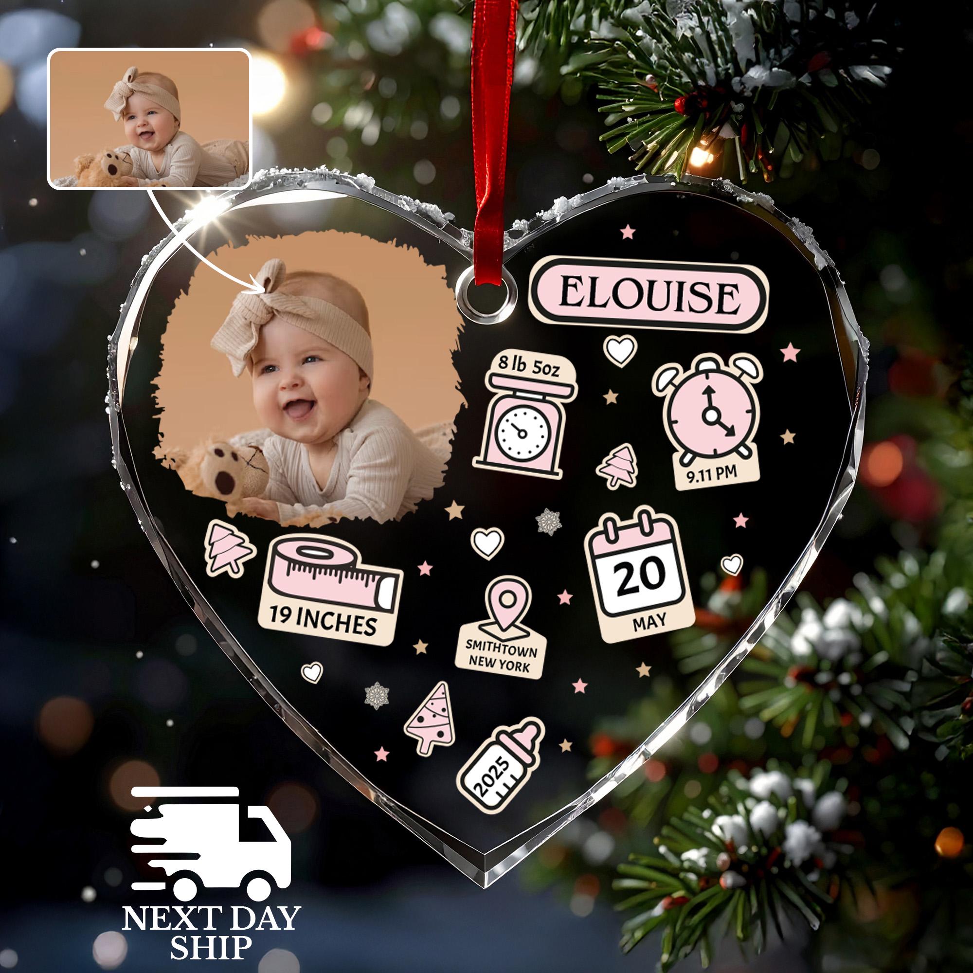 Personalized Baby Birth Stats Ornament 2025, Custom Photo Newborn Keepsake with Name, Date, Weight & Length, New Mom First Christmas Gift
