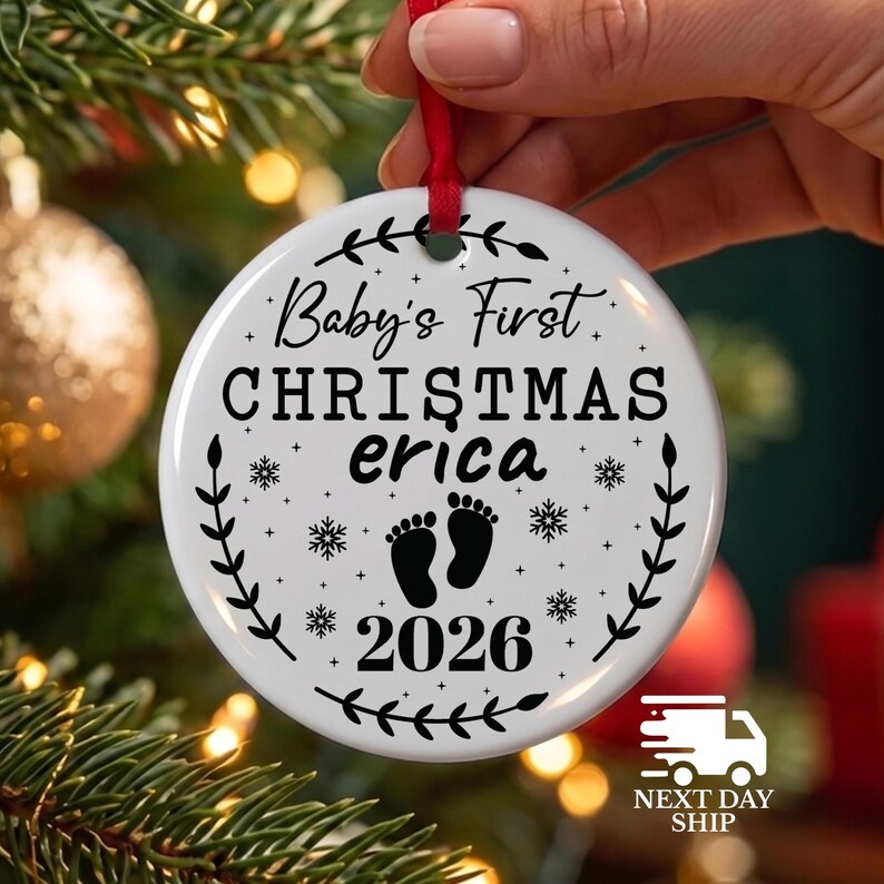 Baby's First Christmas Gift, Baby Name Ornament, Cute Baby Feet Ornament, Custom Newborn Name Keepsake, 2026 Baby Nursery Decor Ornament Ceramic Round