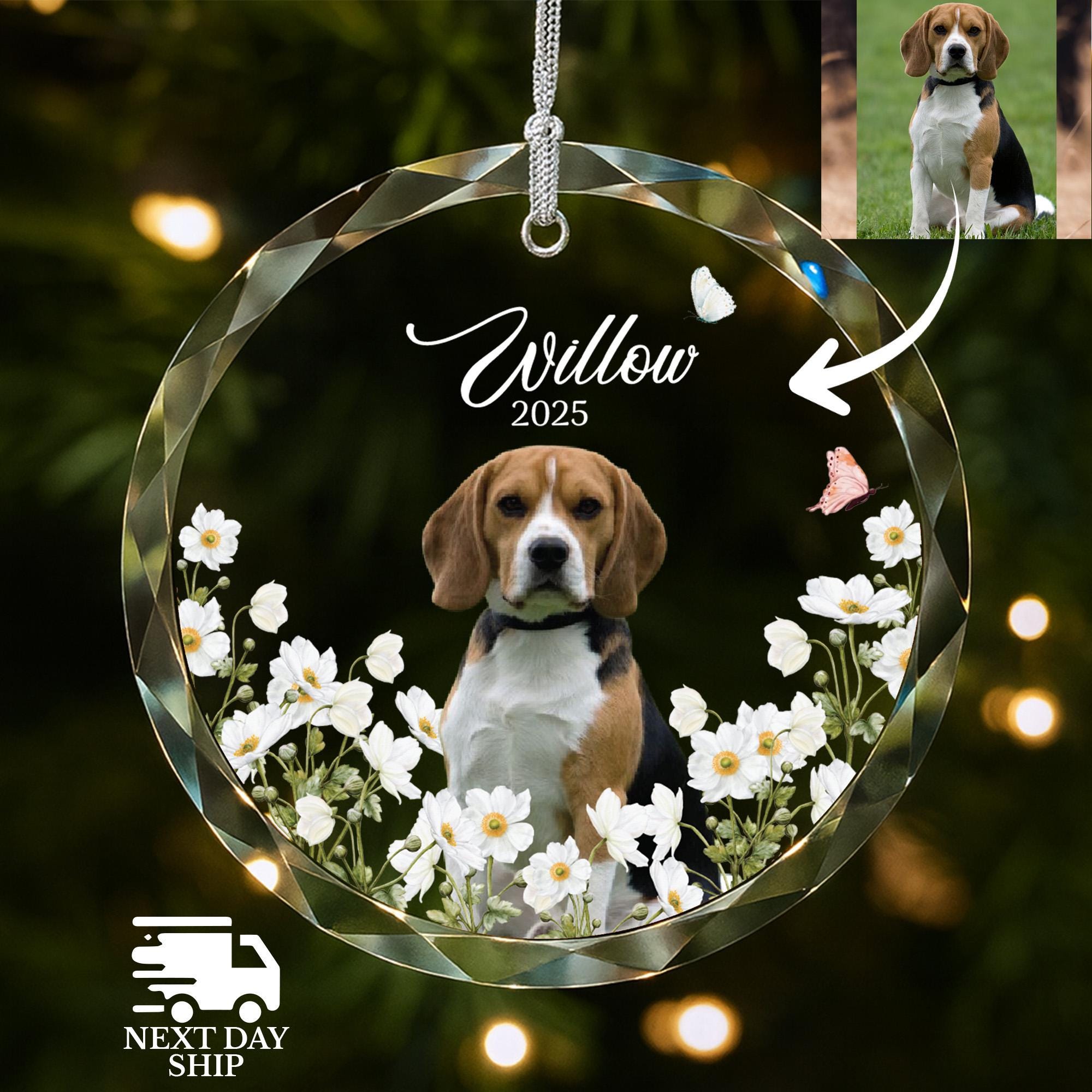 Dog Portrait Christmas Ornament, Personalized Gift For Pet Owner, Custom Cat Name And Photo Ornament, Floral Pet Keepsake, Memorial Gift