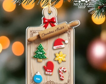Grandma’s Batch Baking Board Ornament, Cookie Shapes with Names, Christmas Tree Decoration, Gift for Grandma, Mom, Nana, Holiday Keepsake