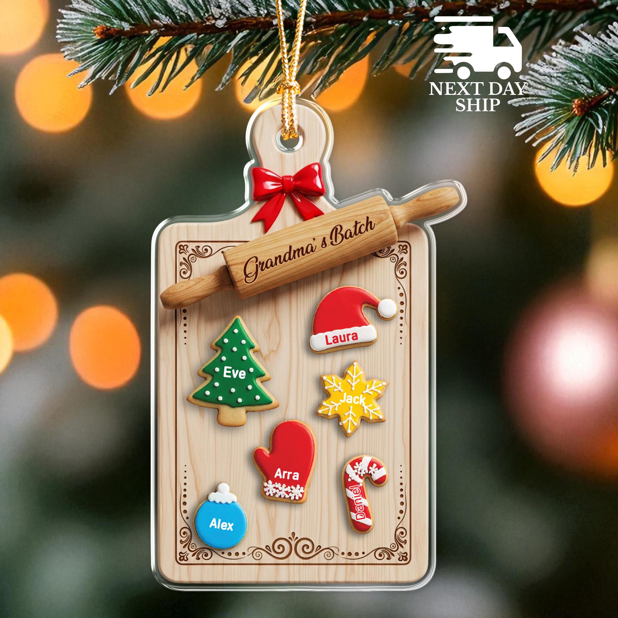 Grandma’s Batch Baking Board Ornament, Cookie Shapes with Names, Christmas Tree Decoration, Gift for Grandma, Mom, Nana, Holiday Keepsake