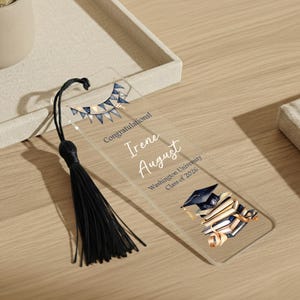 Graduation Congratulation Bookmark, Personalized Bookend with Name and Tassel, School Name Grad Cap Acrylic Keepsake, Custom Grad Gifts