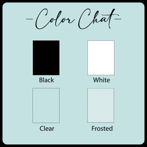 May include: Colour chart showing four different options for a product: black, white, clear, and frosted.