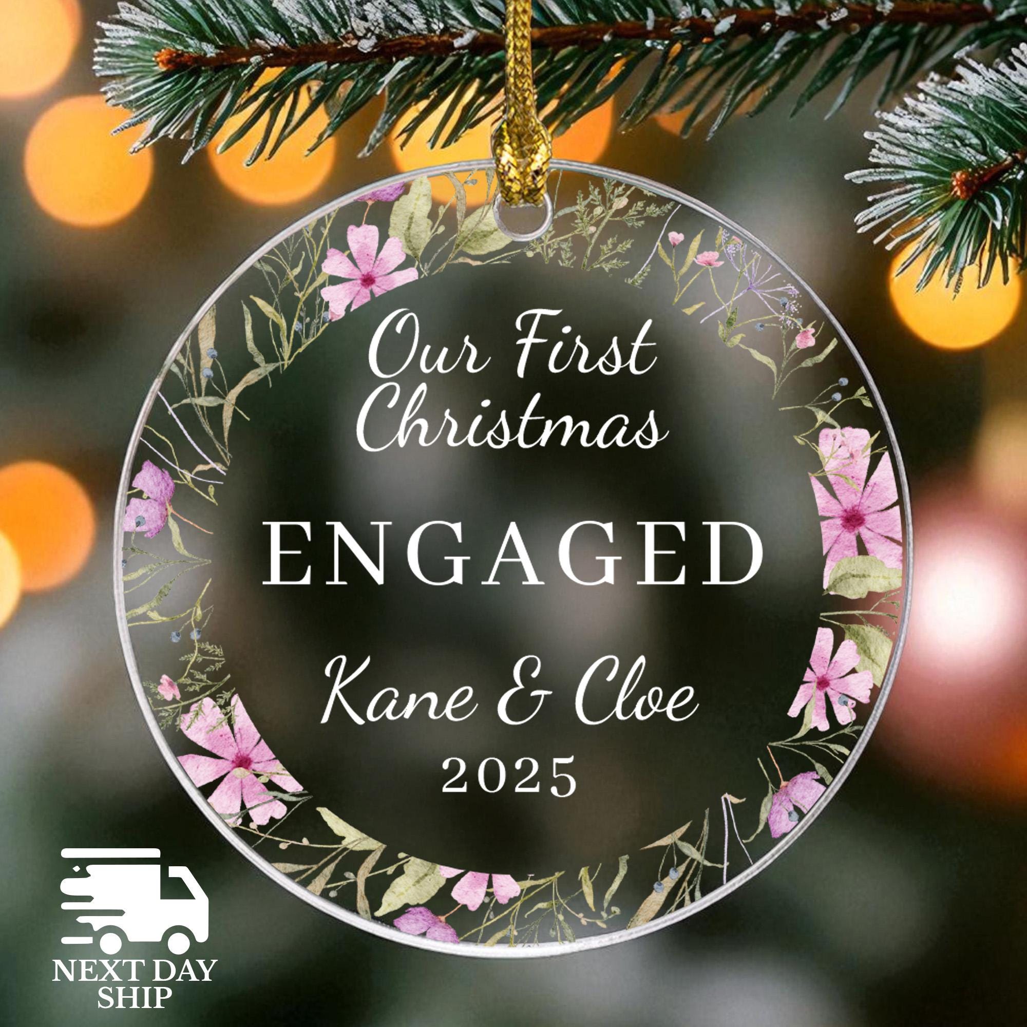 Personalized Engaged Ornament For Our First Christmas, Newly Wed Couples Name Ornament, Custom Flower Wreath Ornament, Engagement Keepsake