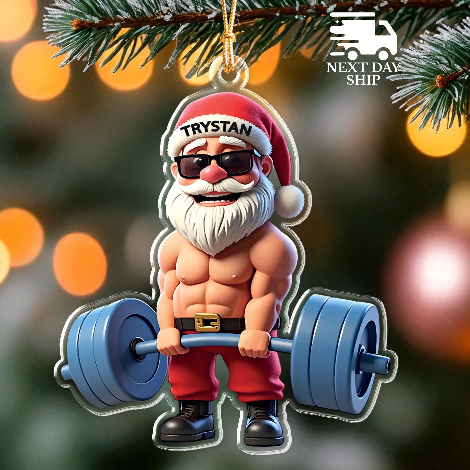 Custom Name Weight Lifting Santa Ornament, Gym Rats & Fitness Fans Gift, Strong Santa Decoration, Personalized Gym Christmas Tree Decoration