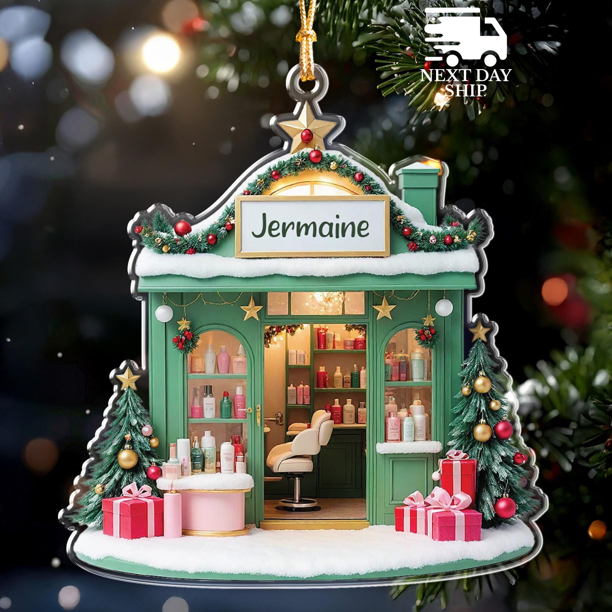 Custom Hairdresser Christmas Ornament, Personalized Salon Shop with Name, Beauty Salon Ornament, Christmas Gift for Hairdresser or Stylist