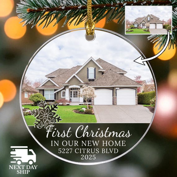 First Christmas Home Photo Ornament, New Home Picture Keepsake, Personalized Address Ornament, Newlywed Moving In Gift, Custom 2026 Ornament