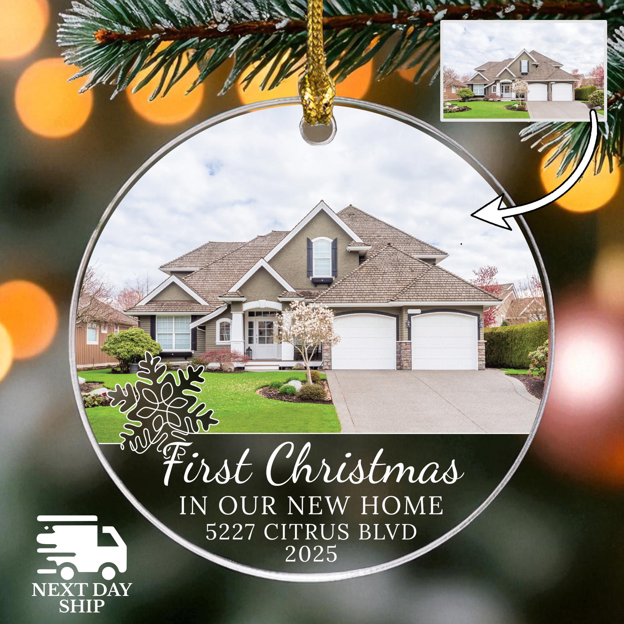 First Christmas Home Photo Ornament, New Home Picture Keepsake, Personalized Address Ornament, Newlywed Moving In Gift, Custom 2025 Ornament