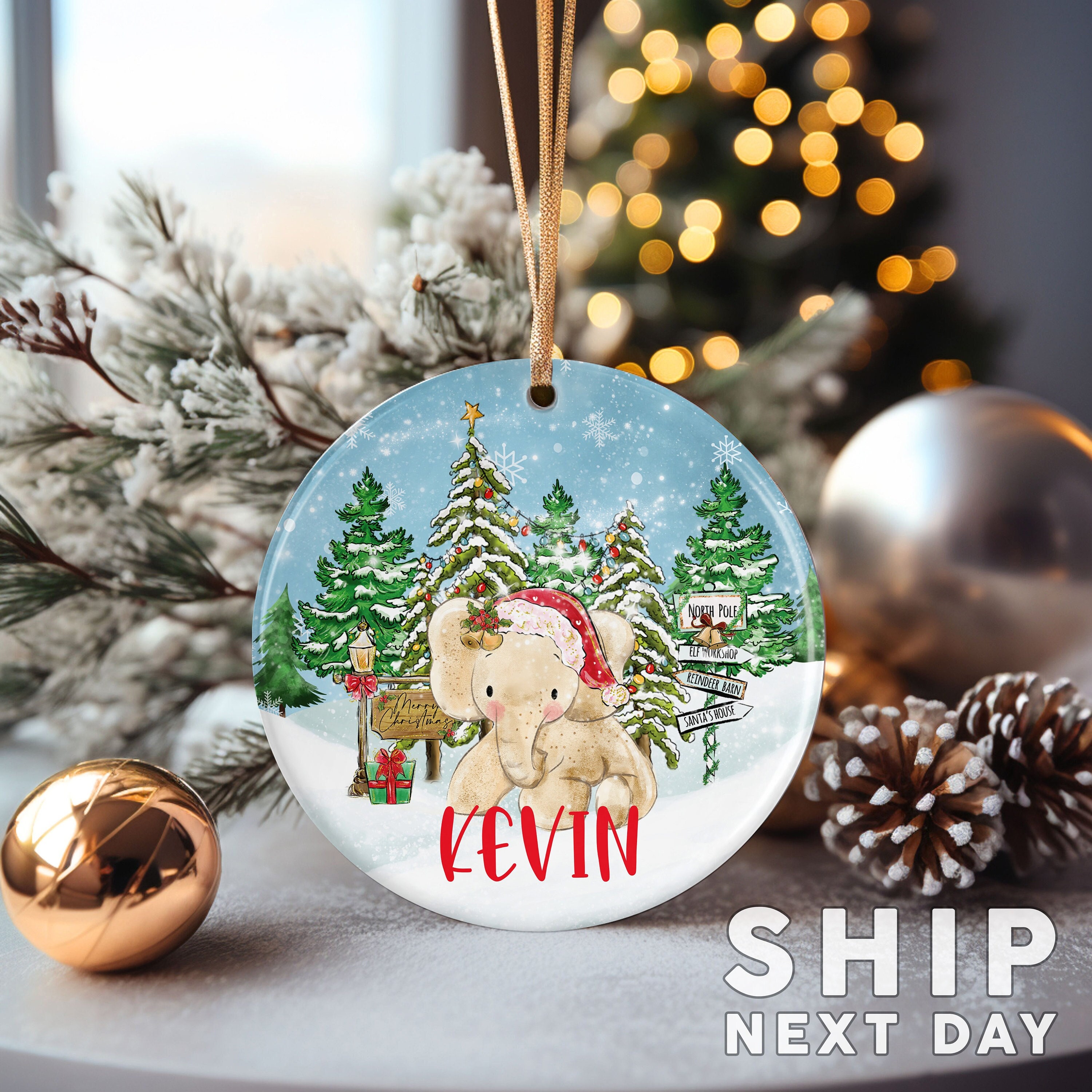 Personalized Christmas Ornaments, Ceramic Ornament, Acrylic Ornament, Christmas Gifts for Kids, Kids Name Ornament, Cute Elephant Ornament