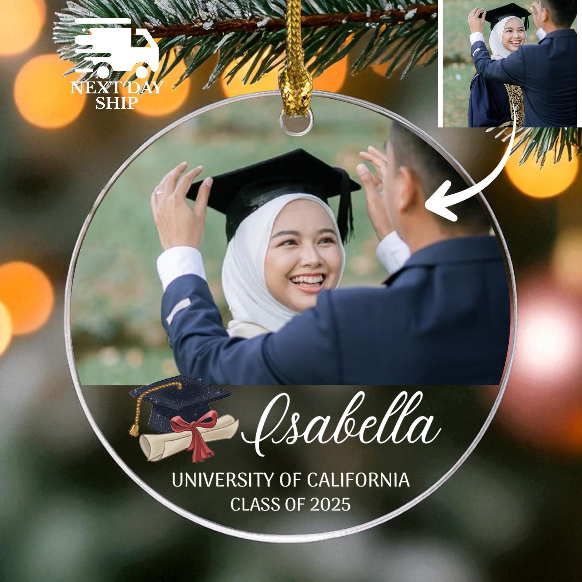 Graduation Cap And Diploma Scroll Christmas Ornament, Personalized Gift For Class Of 2025, Custom Name And Photo Graduate Ornament