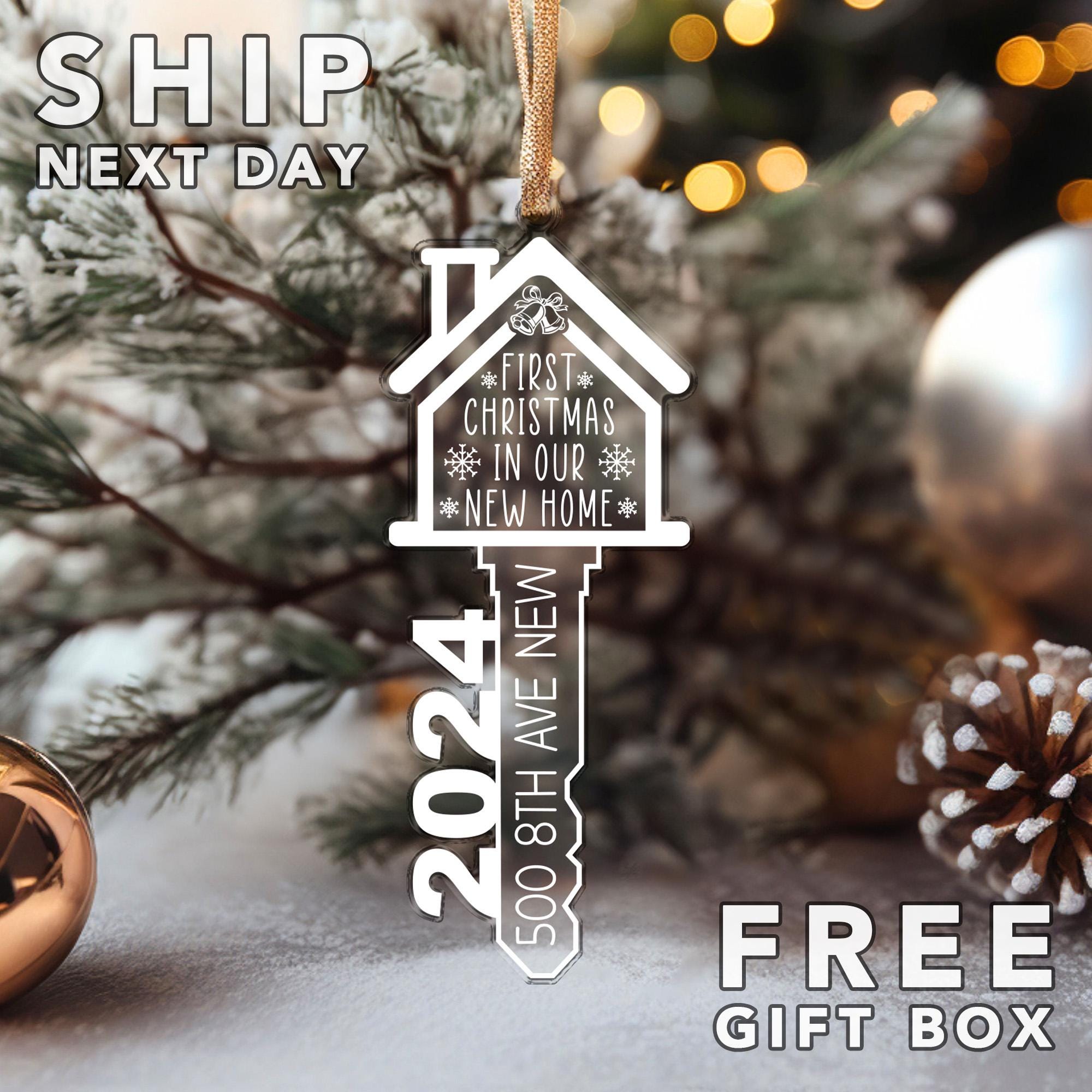 Custom Acrylic Key Christmas Ornament, First Christmas Keepsake Gift, Housewarming Gift for New Homeowners, First Christmas & New House Gift