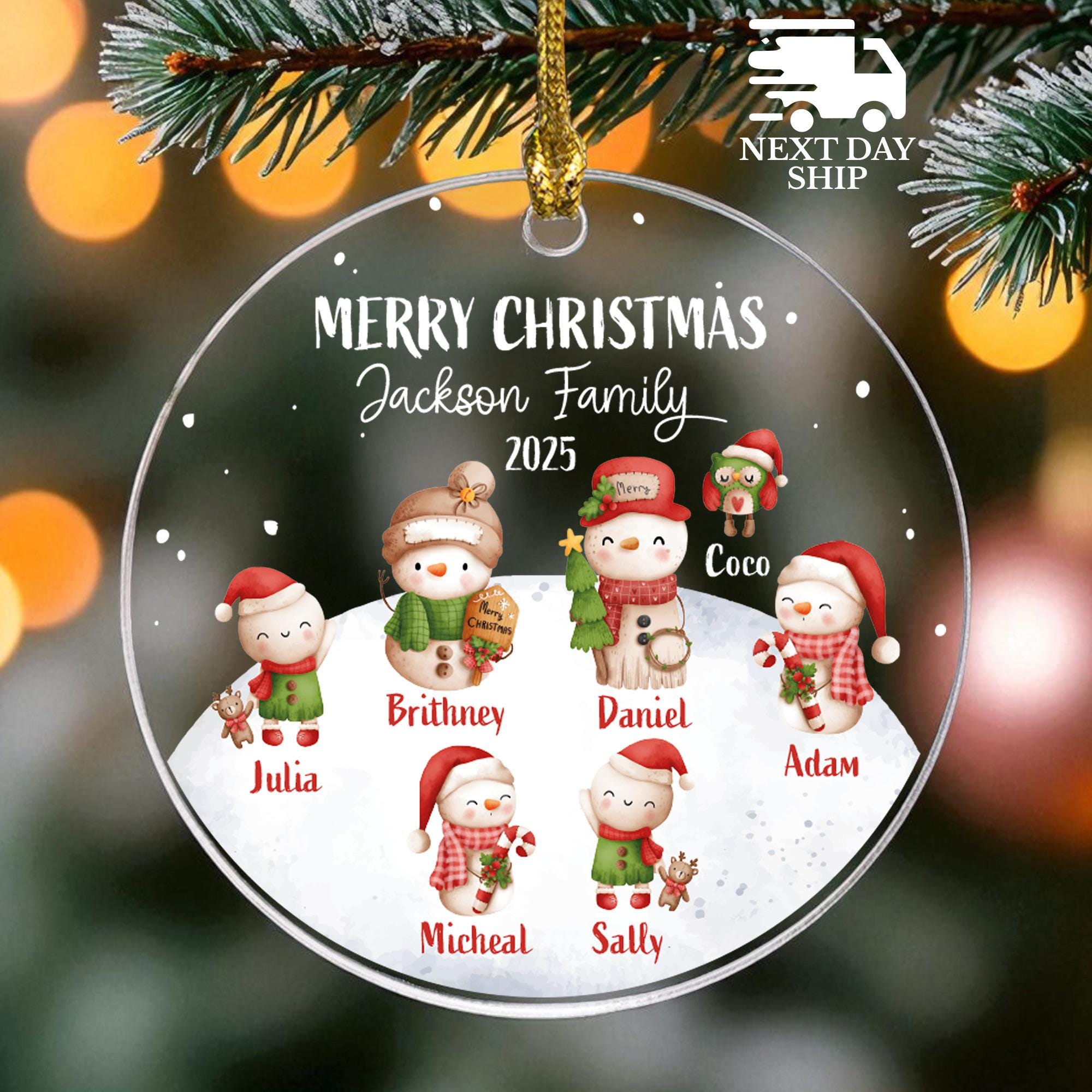 Custom Snowman Family Ornament, Personalized Merry Christmas Keepsake, Family Name Ornament, 2026 Christmas Family Keepsake, Glass Ornament
