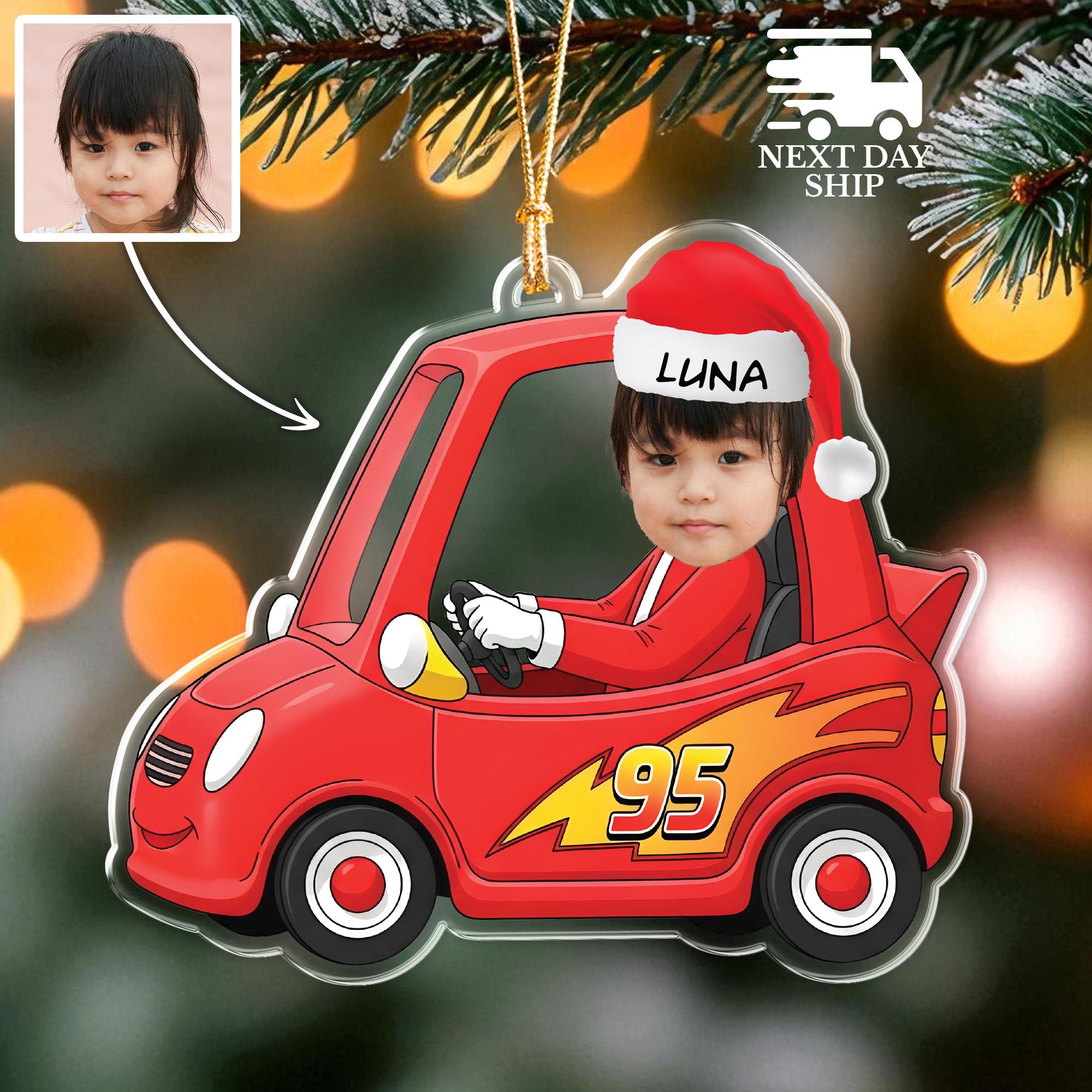 Personalized Photo Car Ornament for Kid, Custom Face Christmas Ornament, Child in Race Car Ornament, Red Car Keepsake, Gift for Boys & Girls