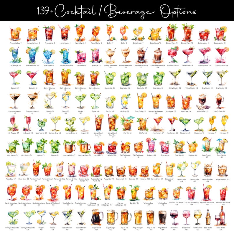 May include: A watercolour illustration of 139 different cocktail and beverage options. Each drink is depicted in a glass with various garnishes and ingredients. The image includes popular drinks like margaritas, mojitos, and cosmopolitans.