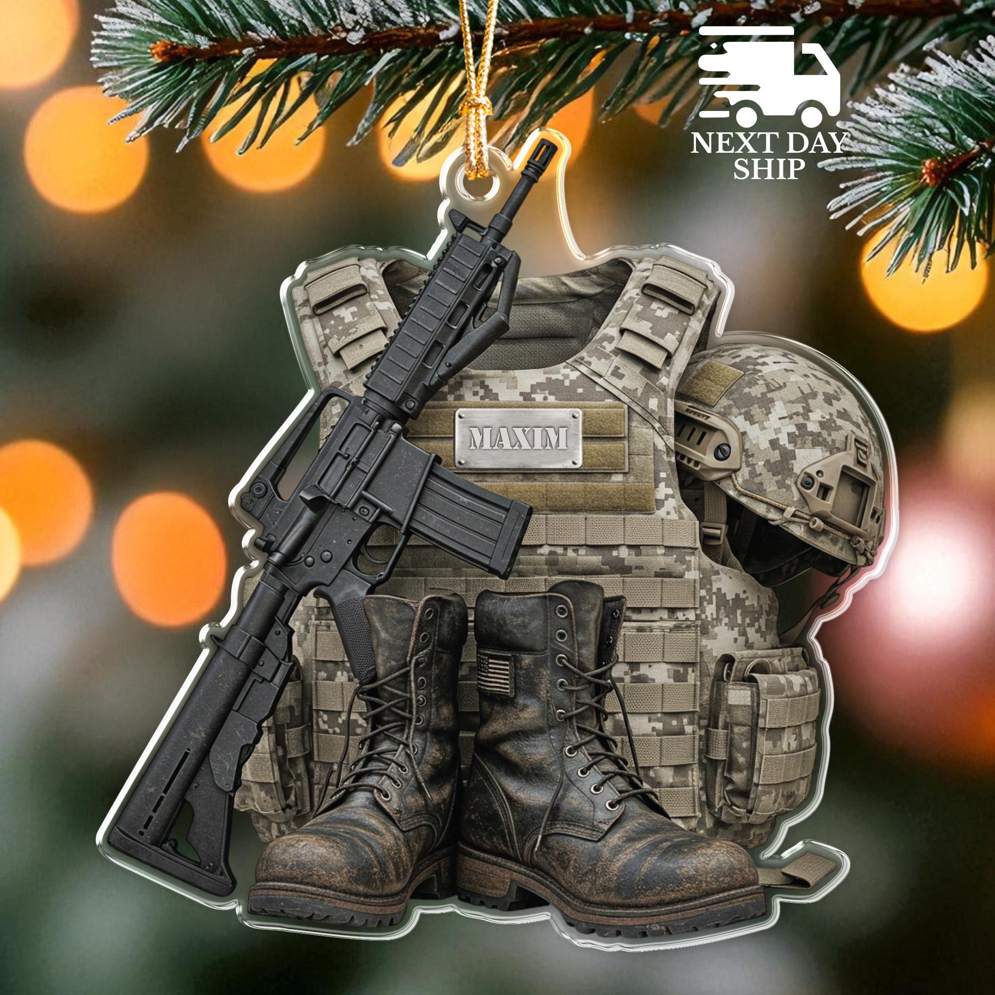 Tactical Vest Ornament, Soldier Christmas Ornament, Army Combat Gear Keepsake, Personalized Military Ornament, Military Boots Ornament