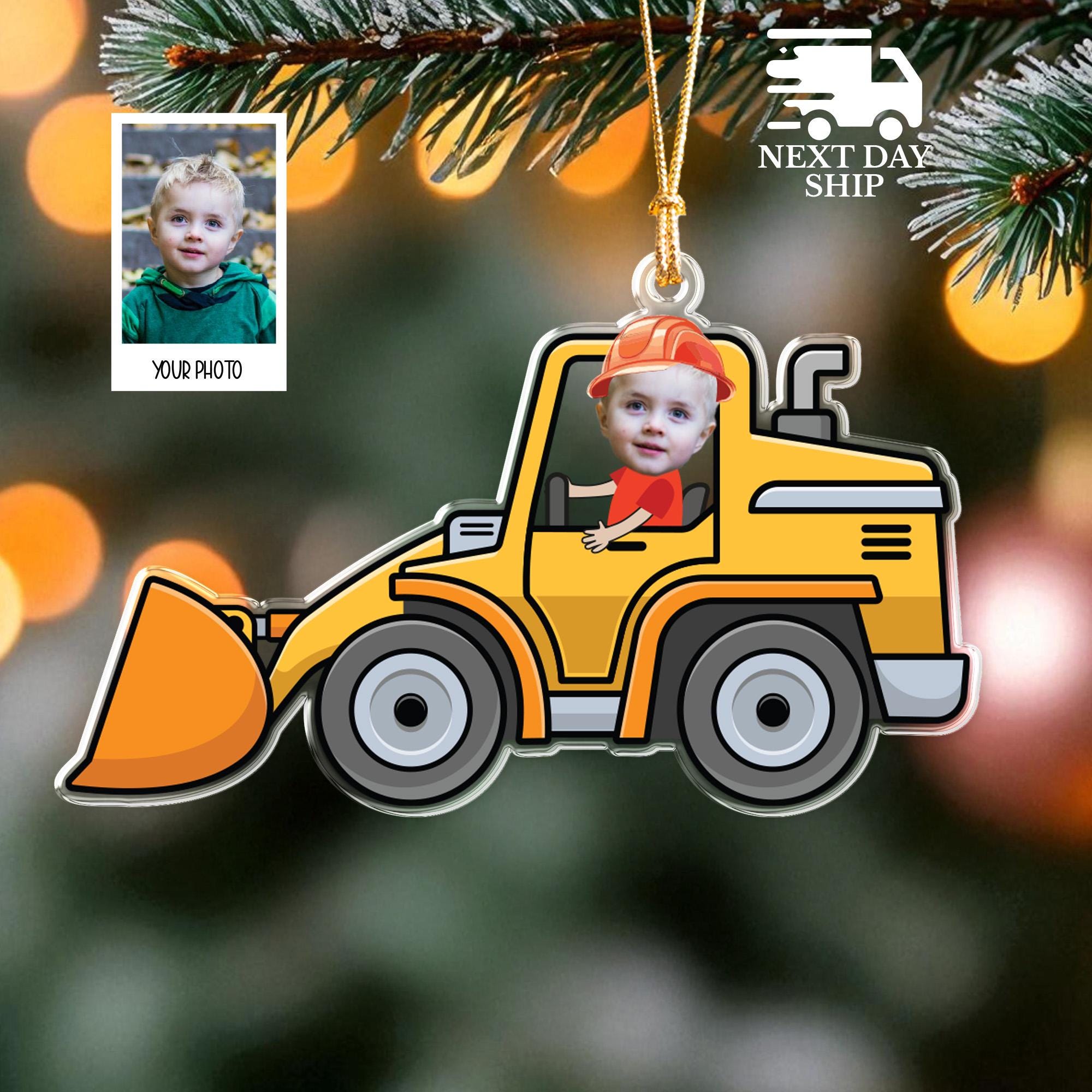Custom Photo Kids Christmas Decoration, Fun Construction Holiday Gift, Gift for Boys and Girls, Personalized Digger Ornament, Christmas Gift
