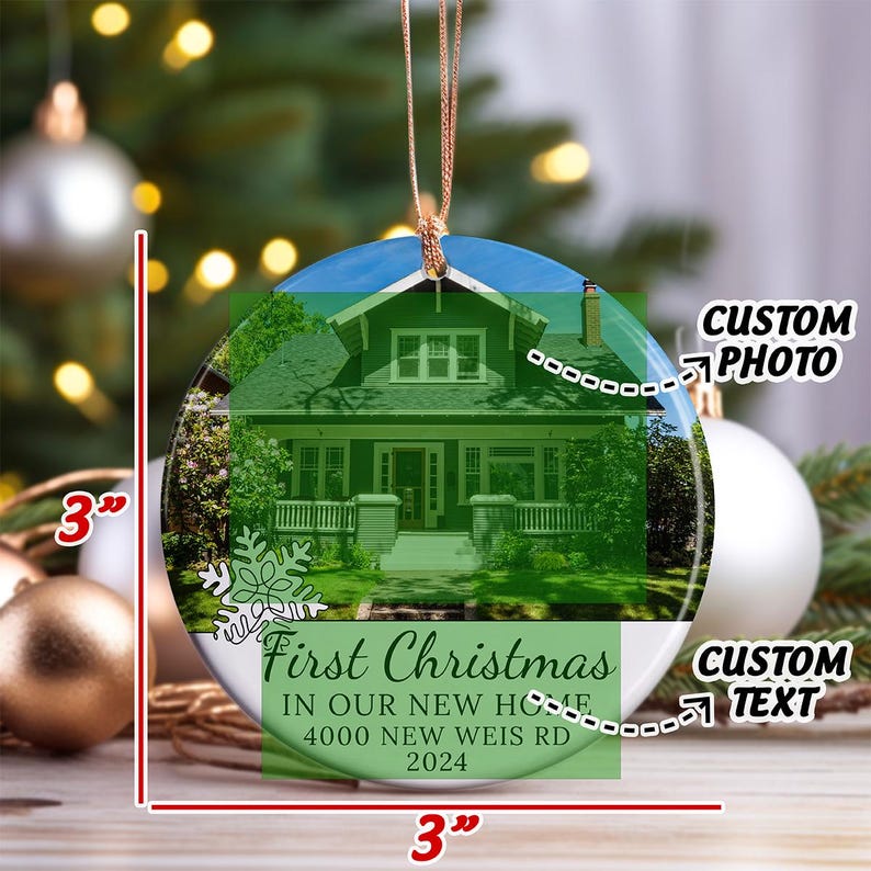 First Christmas Home Photo Ornament, New Home Picture Keepsake, Personalized Address Ornament, Newlywed Moving In Gift, Custom 2026 Ornament image 7