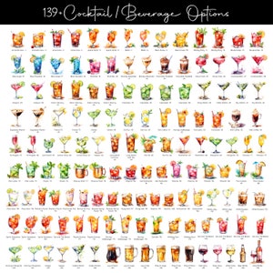 May include: A watercolor illustration of 139 different cocktail and beverage options. Each drink is depicted in a glass with various garnishes and ingredients. The image includes popular drinks like margaritas, mojitos, and cosmopolitans.