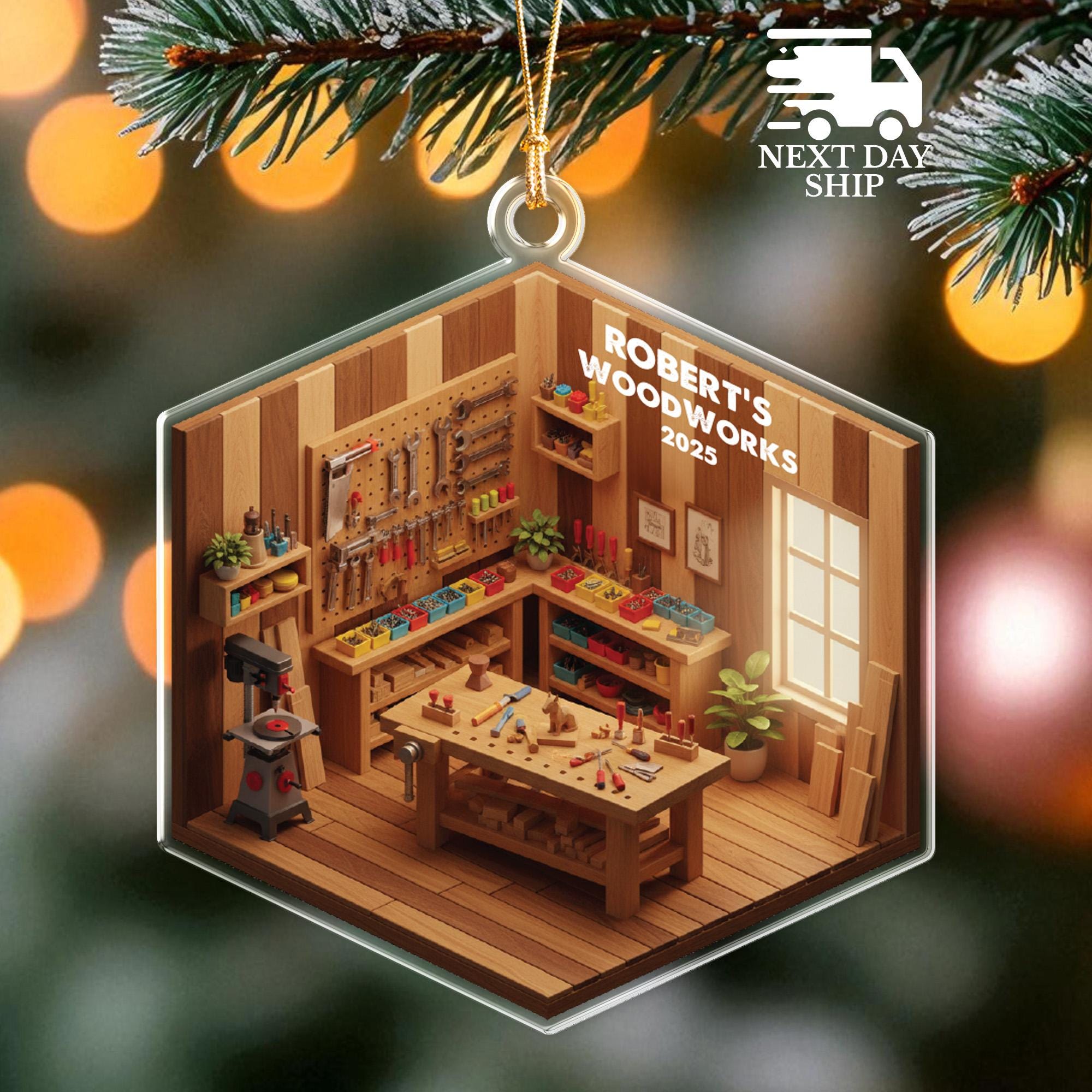 Woodshop Christmas Ornament, Custom Name Christmas Decoration for Woodworkers, Gift for Carpenter Craftsmen or DIYer, Holiday Keepsake