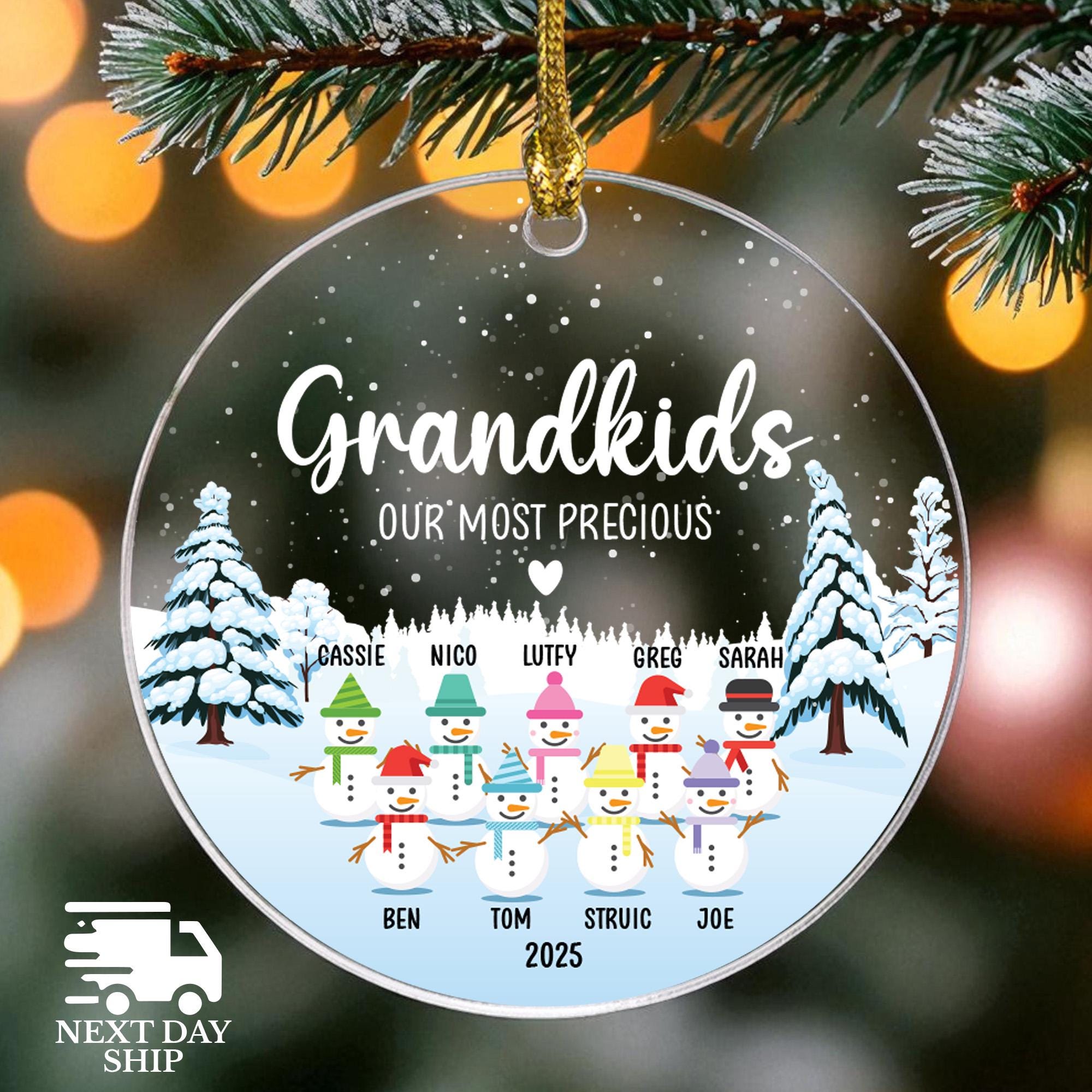 Cute Grandkids Name Ornament, Grandparents Gift Ornaments, Snowman Family Ornament, Grandma Grandpa Ornament with Kids Names, Christmas Gift