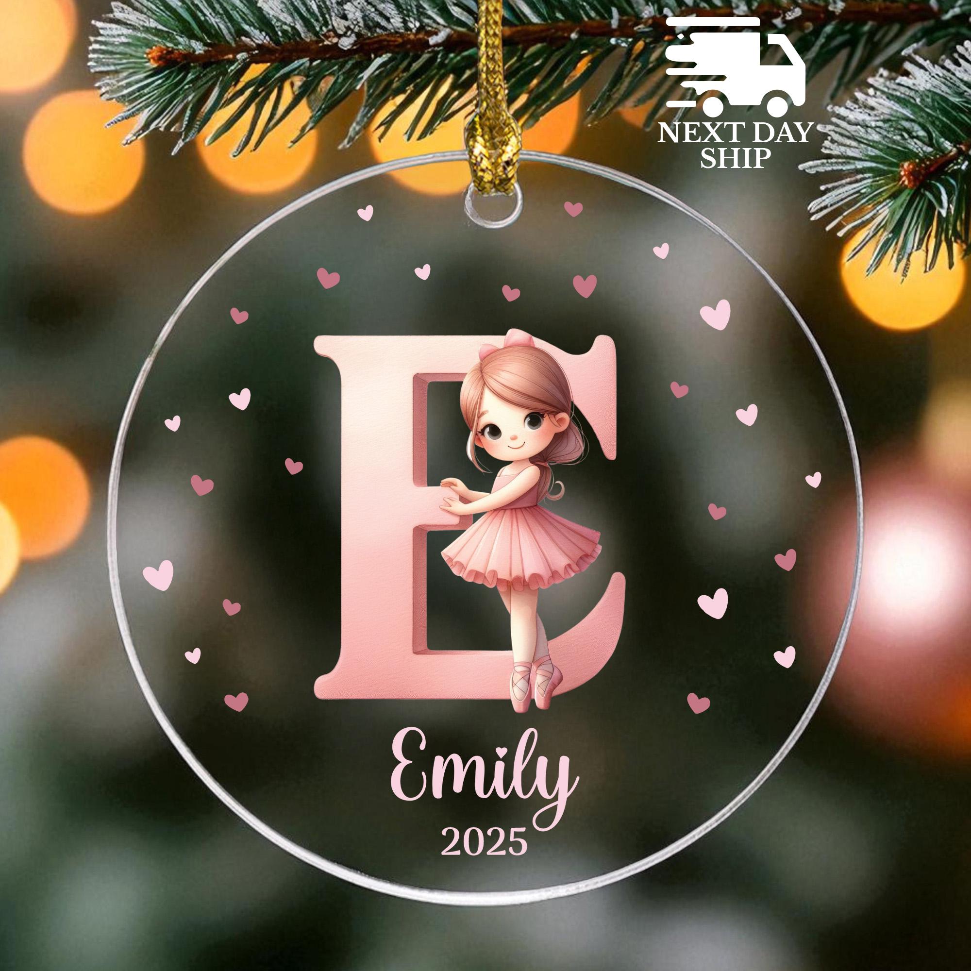 Ballet Girls Christmas Ornament, Personalized Ballet Dancer Gift, Custom Pink Initial Name Design Featuring Ballerina Heart Shape Keepsake